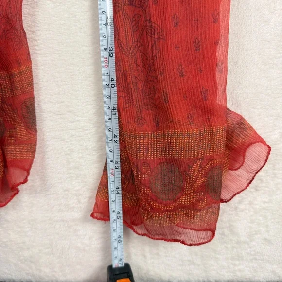 Sheer Boho Ombré Scarf Red Tan Lightweight Floral Block Print - Picture 5 of 5